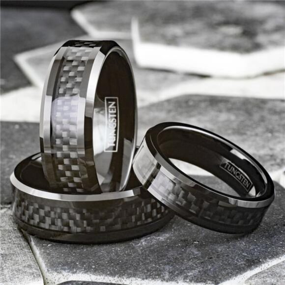 Men's Wedding Band Rings Black Carbon Fiber Inlay Wedding Rings for Men & Women - Picture 1 of 7